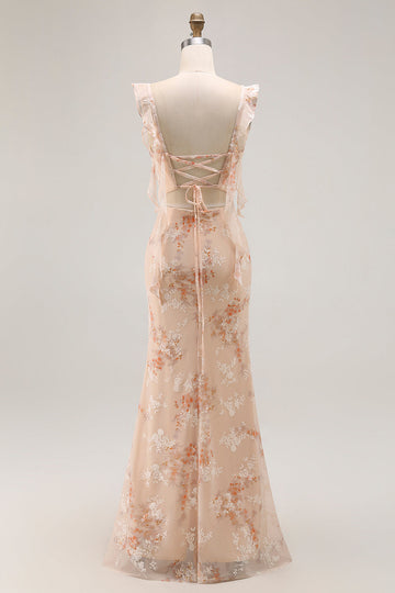 Champagne Blommig Slida Lång Brudtärna Klänning Med Slits